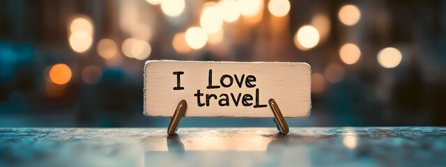 A small wooden label with the words "I love travel" written on it

