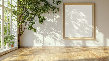 Large window with a tree in front of it and a white wall with a picture frame