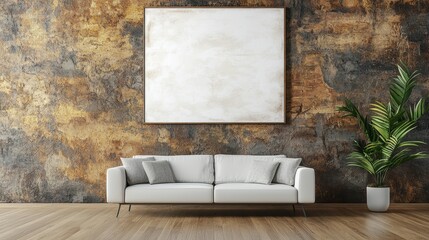 White couch sits in front of a large white framed picture