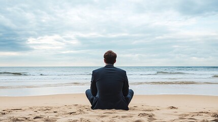 Fototapeta premium Businessman Meditating on a Serene Beach, Finding Peace and Tranquility by the Ocean