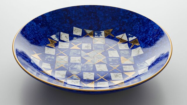 Luxurious blue ceramic bowl with gold geometric pattern
