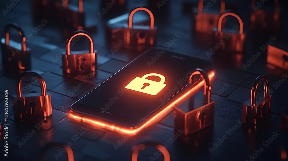 Poster padlocks surrounding a smartphone with glowing lock icon symbolize mobile phone security, emphasizin
