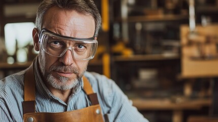 A focused middle-aged European man in a workshop setting, wearing safety glasses and an apron, showcases his craftsmanship skills amidst tools and woodwork.