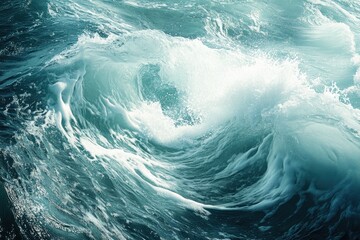 A powerful, swirling ocean wave with white foam crests, showcasing the dynamic energy of the sea.