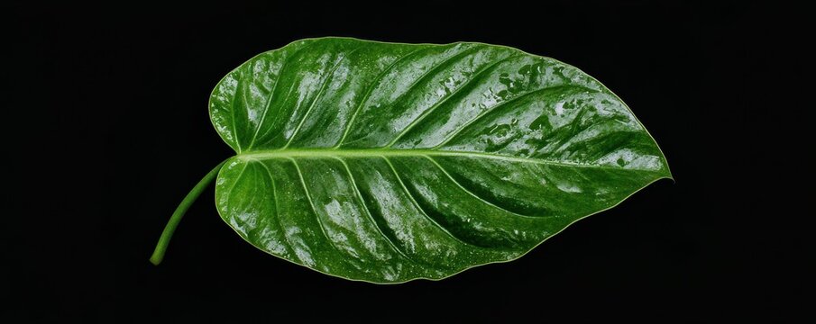 Vibrant green anthurium leaf on deep black background