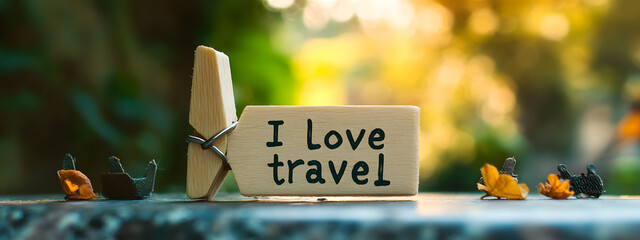 A small wooden label with the words "I love travel" written on it
