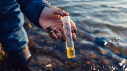 Close-up of a hand holding a test tube with a yellow liquid sample near a body of water, suggesting environmental testing or research.