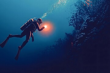 Fototapeta premium Professional scuba diver exploring a vibrant coral reef in the deep ocean, using an underwater flashlight to illuminate the colorful marine life and intricate coral formations