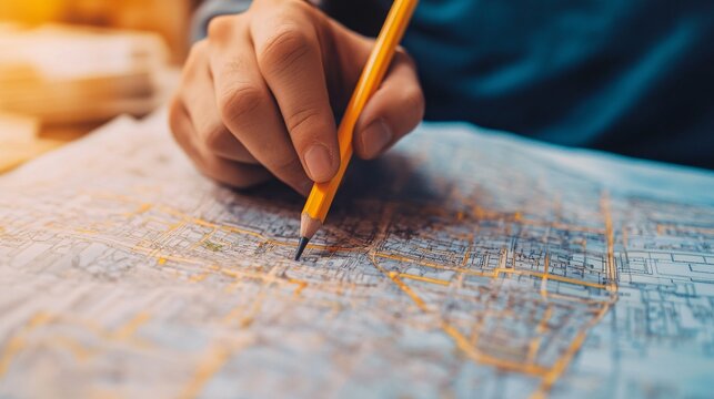Close-up of a hand using a yellow pencil to plan a route on a detailed map, signifying travel planning and journey preparation