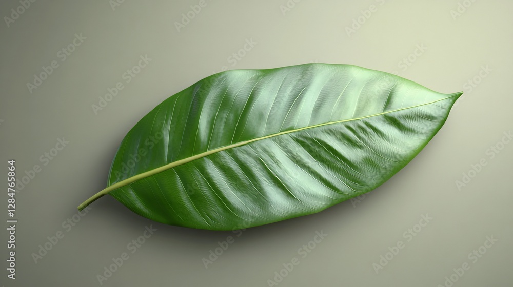 Aufkleber close-up of a single green leaf with a unique white mottled pattern on a neutral background