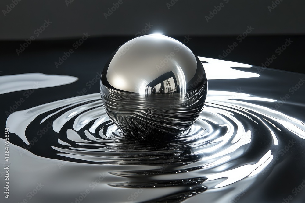 Aufkleber a polished chrome sphere rests on a reflective surface, creating concentric ripples.