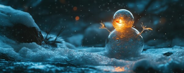 Fototapeta premium Glowing snowman in snowy forest at dusk with twinkling lights and pine trees
