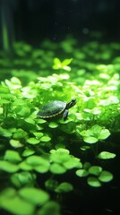 Tiny turtle resting on vibrant aquatic plants.