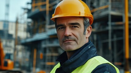 Fototapeta premium A middle-aged man wearing safety gear and a hard hat stands confidently at a construction site. His serious demeanor reflects dedication to his work in the construction industry.