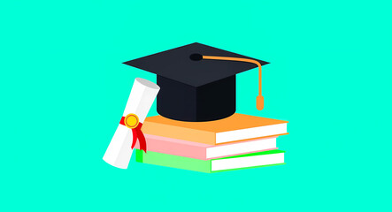 graduation cap diploma and books illustrating academic achievement