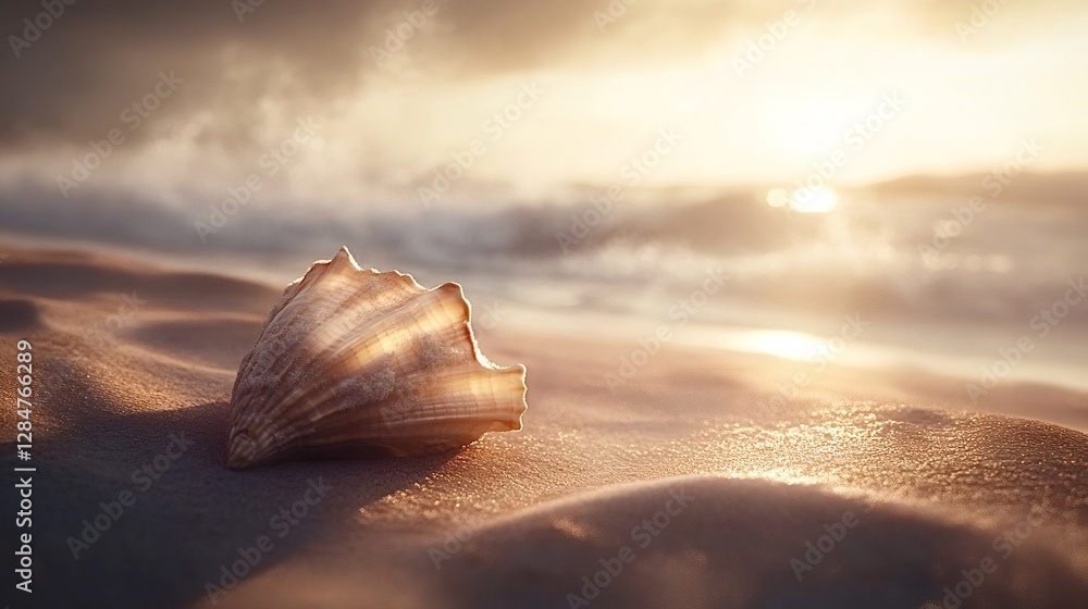 Poster golden sunlight illuminating a seashell resting on rippled sand, while gentle ocean waves rolling in