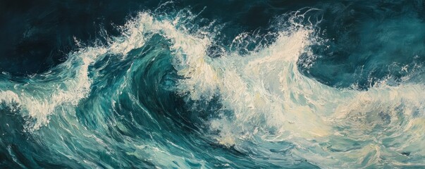 Dramatic ocean waves in turbulent sea captured in dynamic watercolor painting