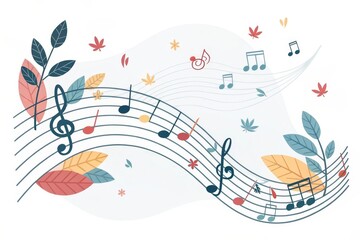 Whimsical musical illustration with flowing notes, leaves, and soft autumn colors, symbolizing harmony, creativity, and the beauty of nature