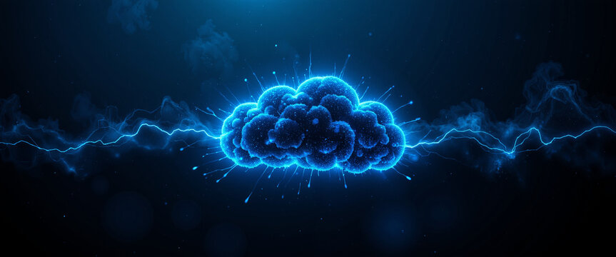 Luminous blue cloud surrounded by electric sparks in a dark environment conveying a sense of innovation and digital transformation