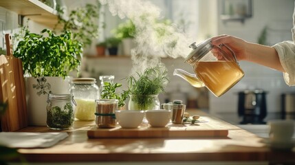 Hair loss in a sunny kitchen, a person brewing herbal tea. Featuring tradition and natural care