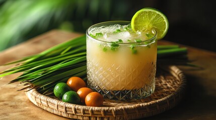 Fototapeta premium Refreshing Iced Drink with Lime and Kumquats on Wooden Table