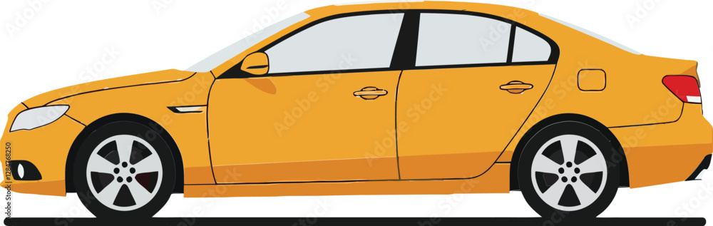 Poster bright yellow sedan car in a flat design style showcasing smooth lines and modern features, emphasiz