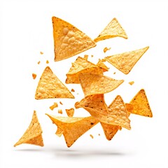 Crispy Tortilla Chips in mid-air, isolated on white background