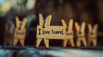 A small wooden label with the words "I love travel" written on it
