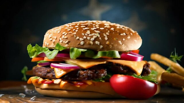 colorful, tasty meat burger with fire in background, fast food concept