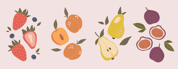 Fruits set vector, kitchen posters design cartoon, fresh fruits, vegetables