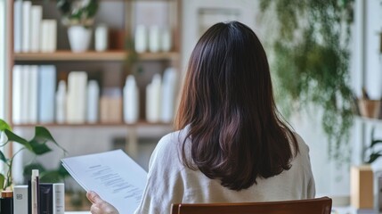 Hair loss in a tranquil home office, a person reviewing a hair care plan. Featuring dedication and commitment