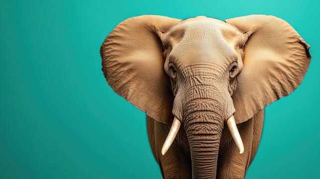 Elephant portrait, facing forward, teal background, wildlife conservation