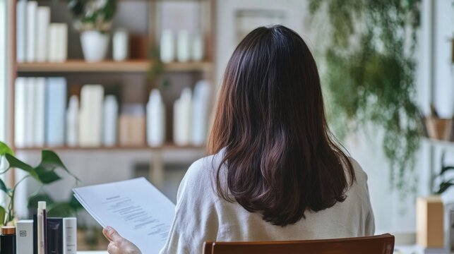 Hair loss in a tranquil home office, a person reviewing a hair care plan. Featuring dedication and commitment