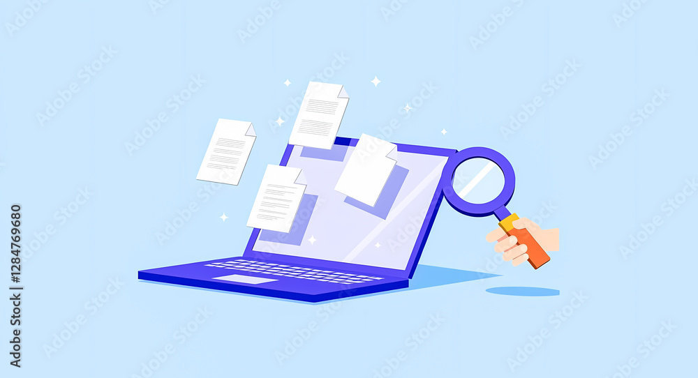 Poster 3d rendering of a laptop with documents and magnifying glass