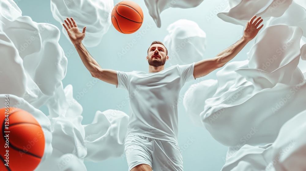Poster dynamic basketball player in surreal white abstract setting