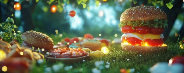 Glowing cheeseburger and assorted fast food in a magical outdoor feast setting