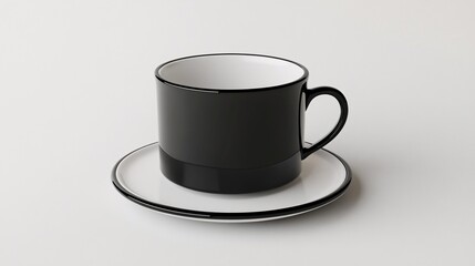 Elegant Black Teacup and Saucer on White Background