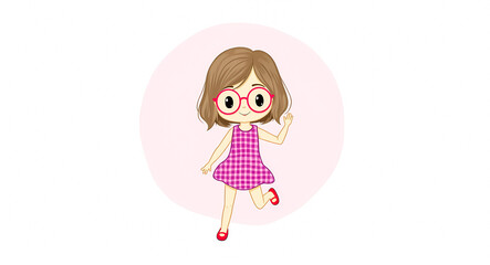 cheerful young girl in a pink checkered dress and red glasses joyfully waves