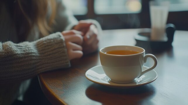 Hair loss in a trendy café, a person enjoying a cup of tea. Featuring self-care and relaxation