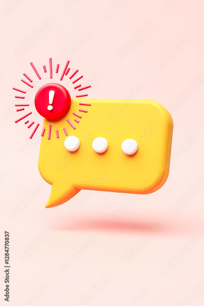 Poster 3d render of yellow speech bubble with red alert notification