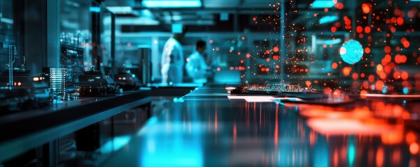 Futuristic laboratory with scientists analyzing advanced holographic data display