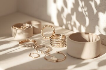 Elegant display of gold and silver jewelry arranged on a soft beige background under natural light