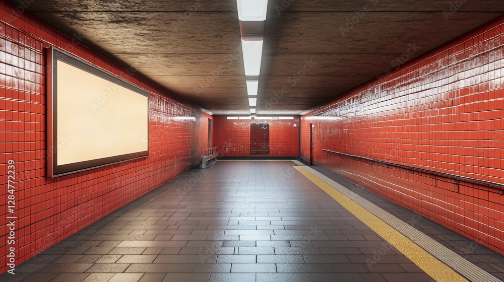 Poster empty subway tunnel with red tiles and blank advertisement space
