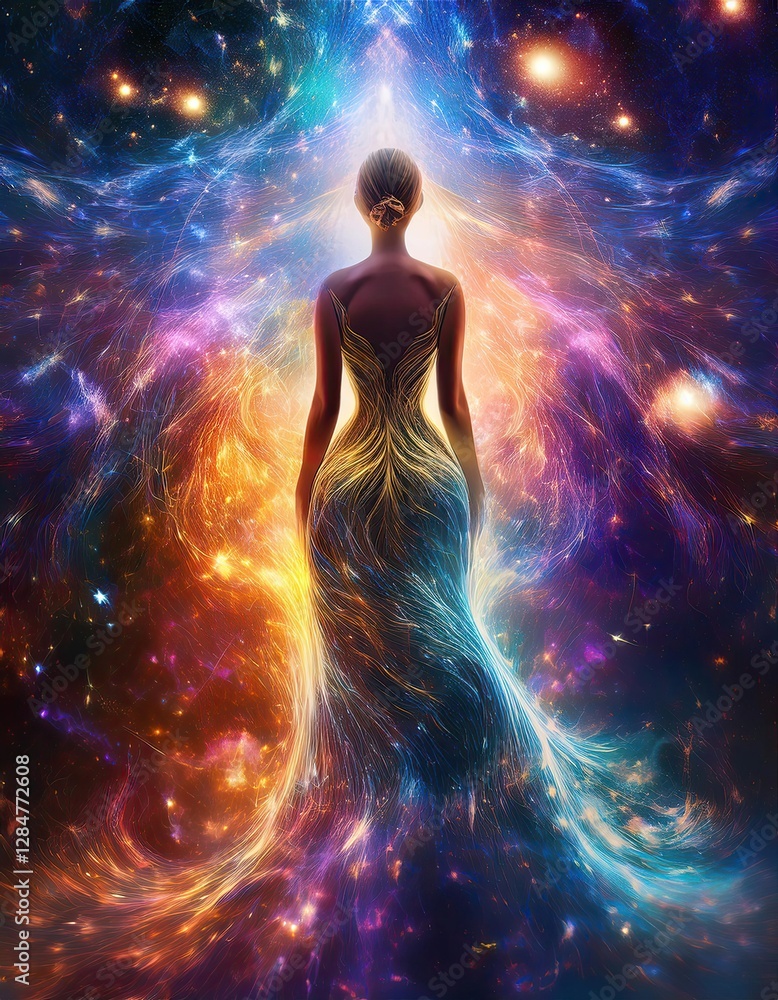 Poster surreal abstraction of a changing human figure in a vibrant cosmic world filled with colors