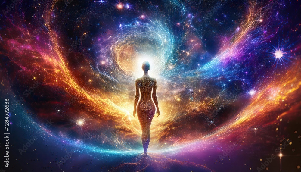 Poster surreal abstraction depicting a shifting figure amidst a vibrant cosmic expanse filled with colors