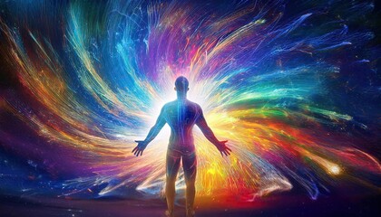 Obraz premium Surreal Abstraction Reveals a Shifting Human Figure in a Vibrant Cosmic Dimension Filled With Colors
