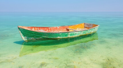 Fototapeta premium Colorful boat floats in calm turquoise sea, shallows visible. Tropical travel photo