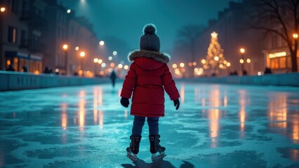 Obraz premium Outdoor ice rink, Front view of a child in a red coat on ice holding railing city lights reflecting on ice vibrant mood 8K UHD.