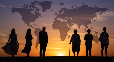 Fototapeta premium Silhouetted Children Standing Before a World Map at Sunset – Global Unity and Future Generations Concept