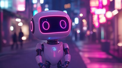 Friendly Robot in Neon-Lit City at Night